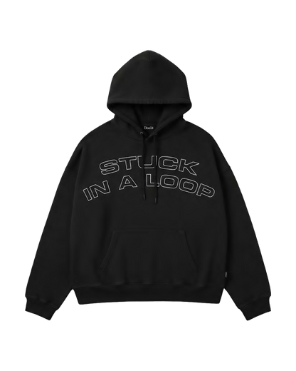 Felpa Hoodie Oversize Fit "Stuck in a Loop" - Nero, vista frontale