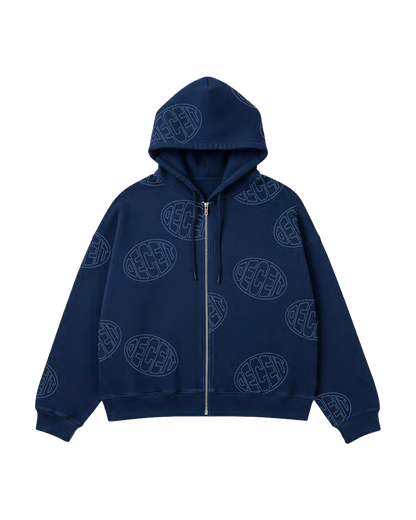 Felpa Full Zip Oversize Fit "Gogogo Allover" - Blu, vista frontale