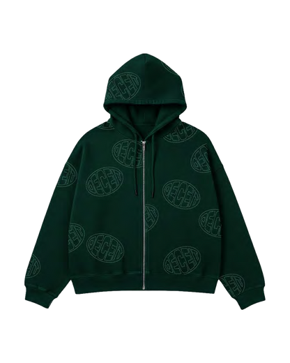 Felpa Full Zip Oversize Fit "Gogogo Allover" - Verde, vista frontale