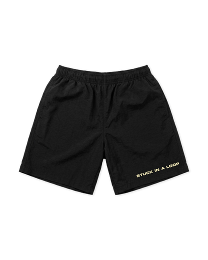 Short Oversize Fit Nero "Stuck in a Loop Tech", vista retro